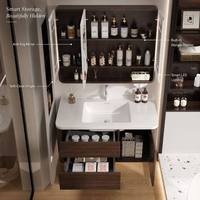 Meuble-lavabo flottant rétro en aluminium nid d'abeille couleur noyer, 2 tiroirs, vasque en céramique sans formaldéhyde E0, miroirs LED à commande tactile intelligente
