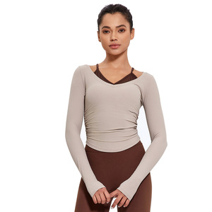 Women's Yoga <b>Top</b> Long Sleeve Ribbed Criss <b>Cross</b> Neck With Breast Pads Fitness Wear Body Shaping - Product Image 5