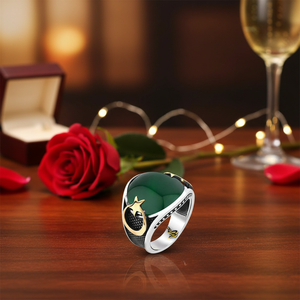 Anillo de hombre de plata de ley 925 con estrella y luna creciente con piedra de ágata verde para regalo de aniversario, compromiso o fiesta. - Product Image 3