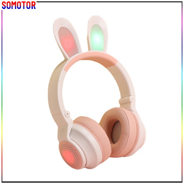 Cute RGB Glowing Bunny Ears Wireless Bluetooth Headphones HiFi Stereo Bass Surround Sound Comfort Lightweight Kids Headset