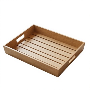 Plateau de service rectangulaire en bois massif, design minimaliste, bois d'acacia durable avec poignées pour servir des assiettes, décoration Ramadan Eid - Product Image 1