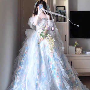 Floral Print Off-The-Shoulder Chiffon Ball Gown Empire Waistline Evening Dress For Women With Veil And Bouquet - Product Image 5