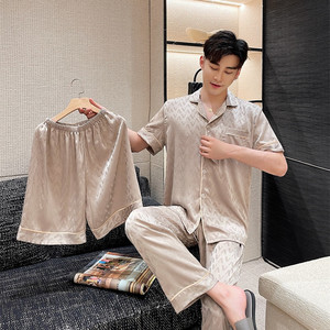 Usine <span class=keywords><strong>en</strong></span> gros hommes vêtements de nuit été nouveaux hommes glace <span class=keywords><strong>soie</strong></span> trois pièces ensembles couleur Pure Jacquard luxe à manches courtes pyjamas - Product Image 5