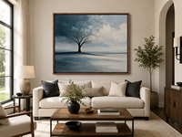 Peinture à l'huile paysage d'hiver bleu-gris, arbre nu, art mural minimaliste sur toile pour hôtel, chambre, bureau, décoration moderne