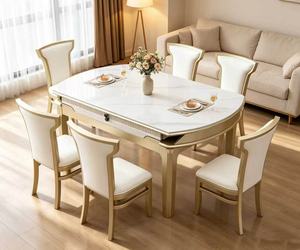 Luxury <b>Extendable</b> Marble <b>Dining</b> <b>Table</b> Set, 6 Seater with Cream Leather Chairs & Gold Frame - Product Image 5
