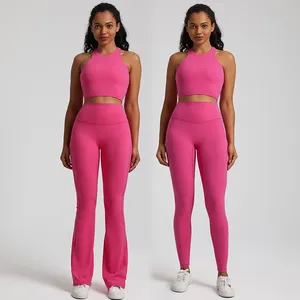 2023 Zwarte Tweedelige Set Dameskleding Workout Sportkleding Flare Leggings Yoga Set Fitness Kleding Gym Outfit Voor Vrouwen Op Maat