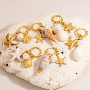 Boucles d'oreilles pendantes en forme d'étoile de mer, plaquées or 18 carats, en acier inoxydable, style océan, perle et coquillage, bijoux fantaisie - Product Image 3