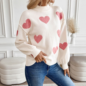 Women's Heart Print Mock Neck Sweater Long Puff Sleeve Loose Knit Pullover Casual Soft <strong>Valentines</strong> Day <strong>Jumper</strong> - Product Image 1