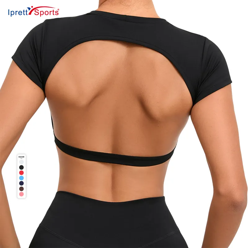 Schnelle trockene Damen Crop Top Gym T-Shirts Sexy Open Back Frauen Slim Fit Fitness Sport Workout T-Shirt