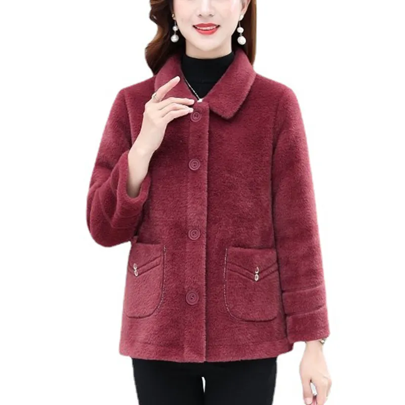 New Design Women Lady Warm Thicken Fleece Velvet Coat Lapel Collar Button Cardigan Lady Long Sleeve Plush Pocket Jacket Coat