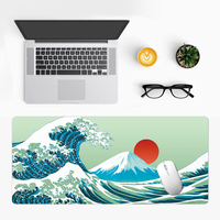 Grand tapis de souris de jeu personnalisé avec motif de vagues vertes japonaises, tapis de clavier étendu, tapis de bureau, base en caoutchouc imperméable en stock