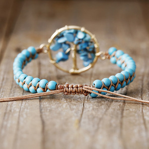 Turquoise Pierre Rose Quartz Perlé Bracelet <span class=keywords><strong>Bohème</strong></span> Arbre <span class=keywords><strong>Vie</strong></span> 4MM Ethnique Calme Protection Spirituelle Méditation Tressé - Product Image 2