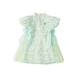 Pink green Chinese vintage floral chiffon dress Bubble lantern sleeve bow beautiful skirt