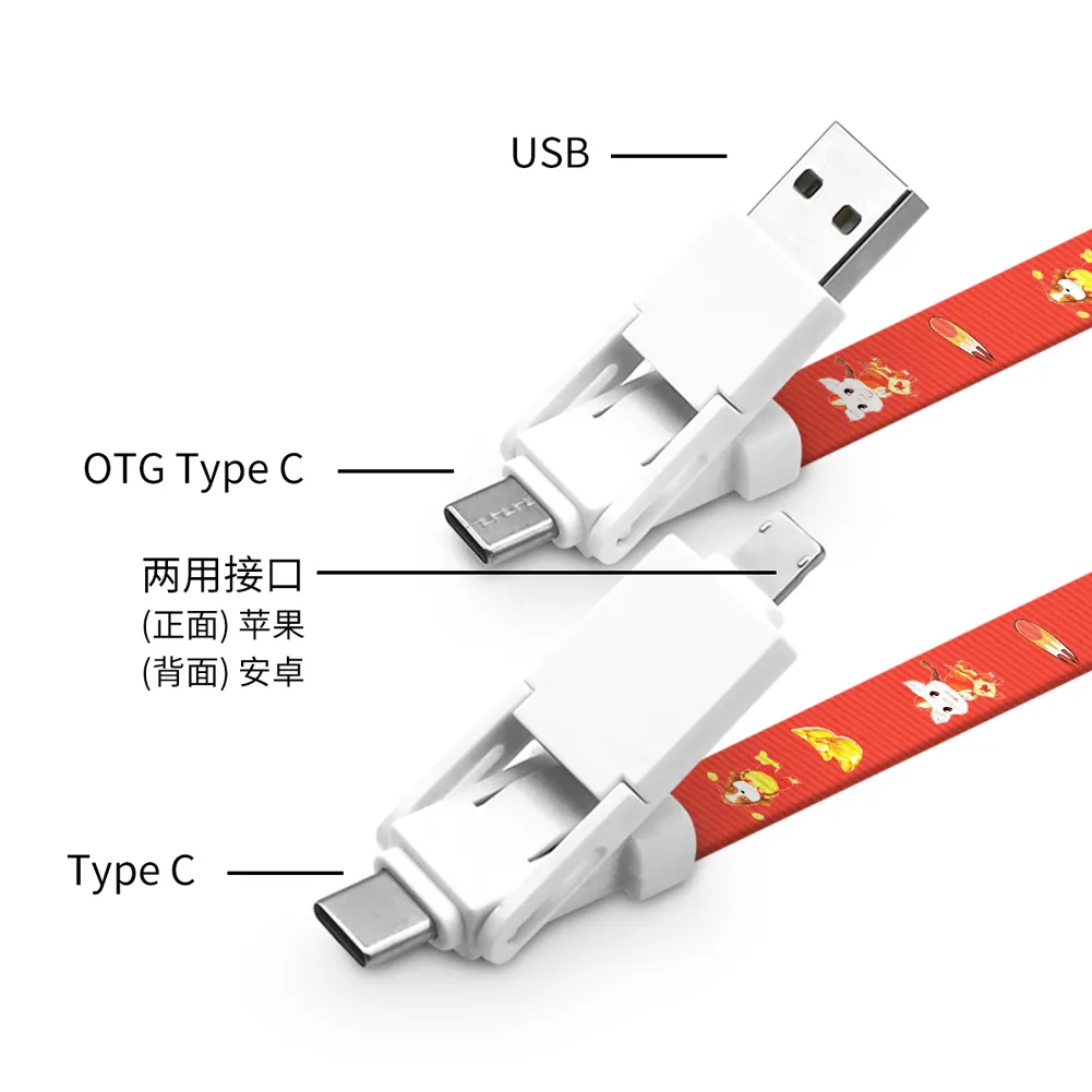 Kabel pengisi daya cepat, kabel USB semua dalam satu ponsel gaya Lanyard Data USB untuk IPhone Android USB-C mikro