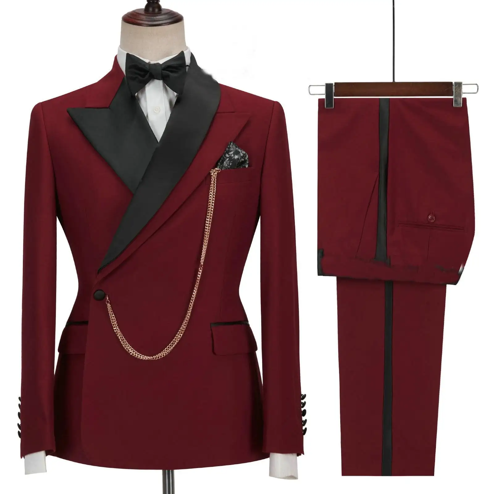 New Design Double Breasted Men's Suit with Pants Burgundy 2 Pieces Slim Fit Wedding Costume Homme Party Prom Blazer Male Wear