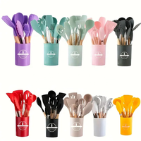 Accessoires de Cuisine et de Maison Antiadhésifs Haute Résistance à la Chaleur, Ensemble de 12 Ustensiles de Cuisine en Silicone Alimentaire avec Manche en Bois