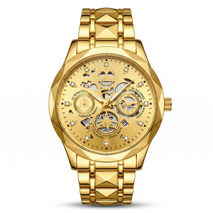 Ourstart Men's Quartz Watch Gold Skeleton Dial Luminous Stainless Steel Strap <b>Calendar</b> Business Style Waterproof - Product Image 5