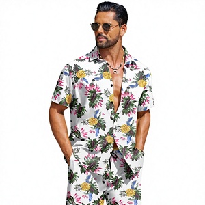 mens white tropical floral yellow flower print <b>short</b> <b>sleeve</b> lapel <b>button</b> <b>up</b> <b>shirt</b> matching <b>shorts</b> 2 piece set casual hawaiian - Product Image 1