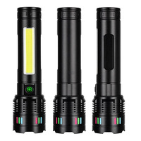 Lampe torche zoomable à double source lumineuse, rechargeable par USB, 6 modes d'éclairage, lumière latérale COB, torche LED en alliage d'aluminium, camping, IP44