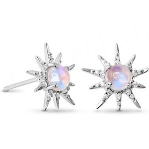 Pendientes de Plata 925 con Piedra Lunar Redonda y Halo de Circonitas Facetadas para Niñas - Accesorios para Bodas/Fiestas - Product Image 3