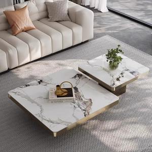 طاولة قهوة عصرية فاخرة مربعة من الرخام والستانلس ستيل الذهبي، متعددة الوظائف وقابلة للتمدد بتصميم كلاسيكي لأثاث غرفة المعيشة المنزلية - Product Image 3