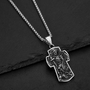 Stainless Steel Cross Pendant <b>Necklace</b> Archangel St Michael Design Unisex Gift Jewelry - Product Image 2