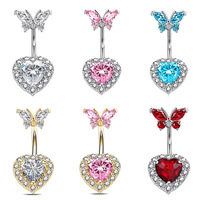 Nouveaux Piercings de Nombril Papillon Cœur CZ, Bijoux de Piercing de Nombril en Zircon Cubique, Piercing Corporel en Acier Inoxydable pour Femme