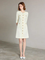 Original Beige Robe O-cou Bouton Avant Conception Formelle Femmes D'affaires Classique Slim Fit Tenues En Gros ODM OEM