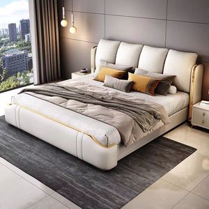 Nueva cama nórdica ligera de lujo, cama de cuero de vaca de gama alta para dormitorio, cama de almacenamiento King Size sencilla y barata para venta al por mayor - Product Image 3