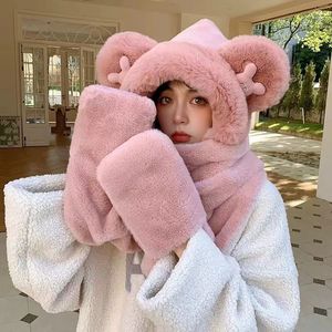 Ensemble trois pièces d'hiver pour femmes, écharpe à capuche en peluche, gants, cache-oreilles, cache-cou, beige, kaki, rose, gris, taille adulte 54-56CM - Product Image 4