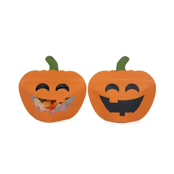 Food Safe Airtight Resealable Plastic Jack-O-Lantern Pumpkin Shaped Pouch Zipper Seal Packaging Bags For Candy Food Nuts Packing