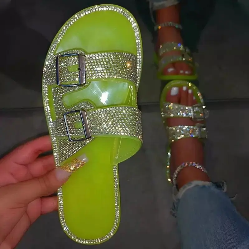 Pantoufles en cristal femmes Bling plat décontracté dames gelée chaussures strass plage été paillettes femme Transparent diapositives 2023