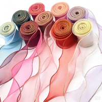 Pita Organza Ekor Ikan Berpinggir Emas 6cm, Pita Kain Transparan Bergelombang Multiwarna, Pita Transparan untuk Pembungkus Kado, Ikat Rambut, Pernikahan