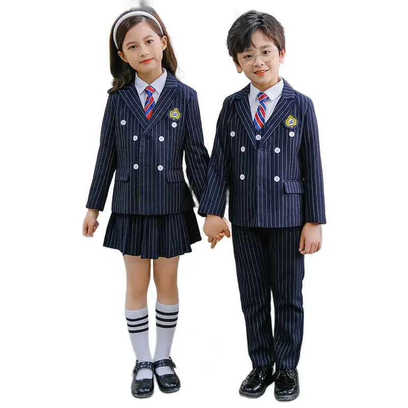 Çocuklar okul üniformaları takım elbise yüksek kaliteli kumaş bahar moda şerit yaka toptan çocuk performansları çocuklar için uygun