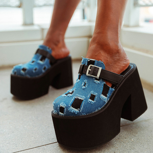 High Platform Patchwork Denim Shoes Women's Outdoor Slides Wedge Chunky <b>Heels</b> <b>Round</b> <b>Toe</b> Sandals Belt Buckles Slippers - Product Image 1