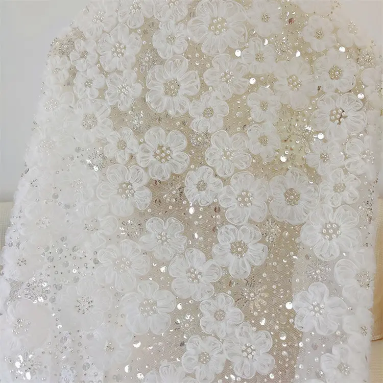 2022 भारी मनके लक्जरी कढ़ाई # डी फूल मोती सेक्विन फीता कपड़े के लिए DIY शादी की पोशाक