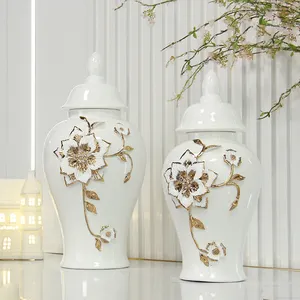 J284 Light luxury white and gold ginger jar set home decor ceramic handicrafts flower vases for wedding