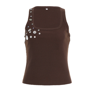 Camiseta sin mangas de punto acanalado transpirable para mujer con botones cosidos a mano, chaleco informal de verano de elastano/poliéster - Product Image 6