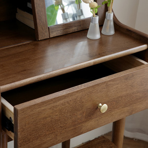Nordic Solid Wood Dressing <b>Table</b> Walnut Color With <b>Mirror</b> Storage Bedroom <b>Vanity</b> And Stool Set - Product Image 4