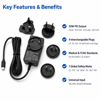 Chargeur PD pour dispositifs médicaux 5V 3A/9V 2.22A/12V 1.66A/15V 1.33A 20W, type interchangeable avec UL/CE/UKCA/SAA