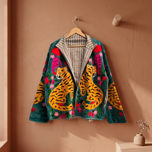 Blazer de Terciopelo Bordado a Mano para Mujer, con Estampado Floral y Animal, Cuello Chal, Frente Abierto, Estilo Retro, Abrigo de Diseñador para Otoño, Suzani - Product Image 1