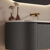 Meuble-lavabo mural de luxe gris foncé en contreplaqué cannelé avec portes à fermeture douce, facile à nettoyer, étanche et résistant aux rayures
