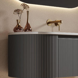 Meuble-lavabo mural <span class=keywords><strong>de</strong></span> luxe gris foncé cannelé avec portes à fermeture douce, facile à nettoyer, étanche et résistant aux rayures pour salle <span class=keywords><strong>de</strong></span> bain - Product Image 4