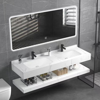 Meuble-lavabo moderne blanc en marbre flottant avec vasque en pierre et miroir lumineux pour salle de bain