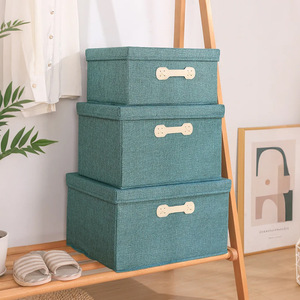 Cotton Linen Storage Box Rectangle With Lid Foldable For Clothes Toys Organizing Moving Standing Type Green Blue Gray Beige Pink - Product Image 1