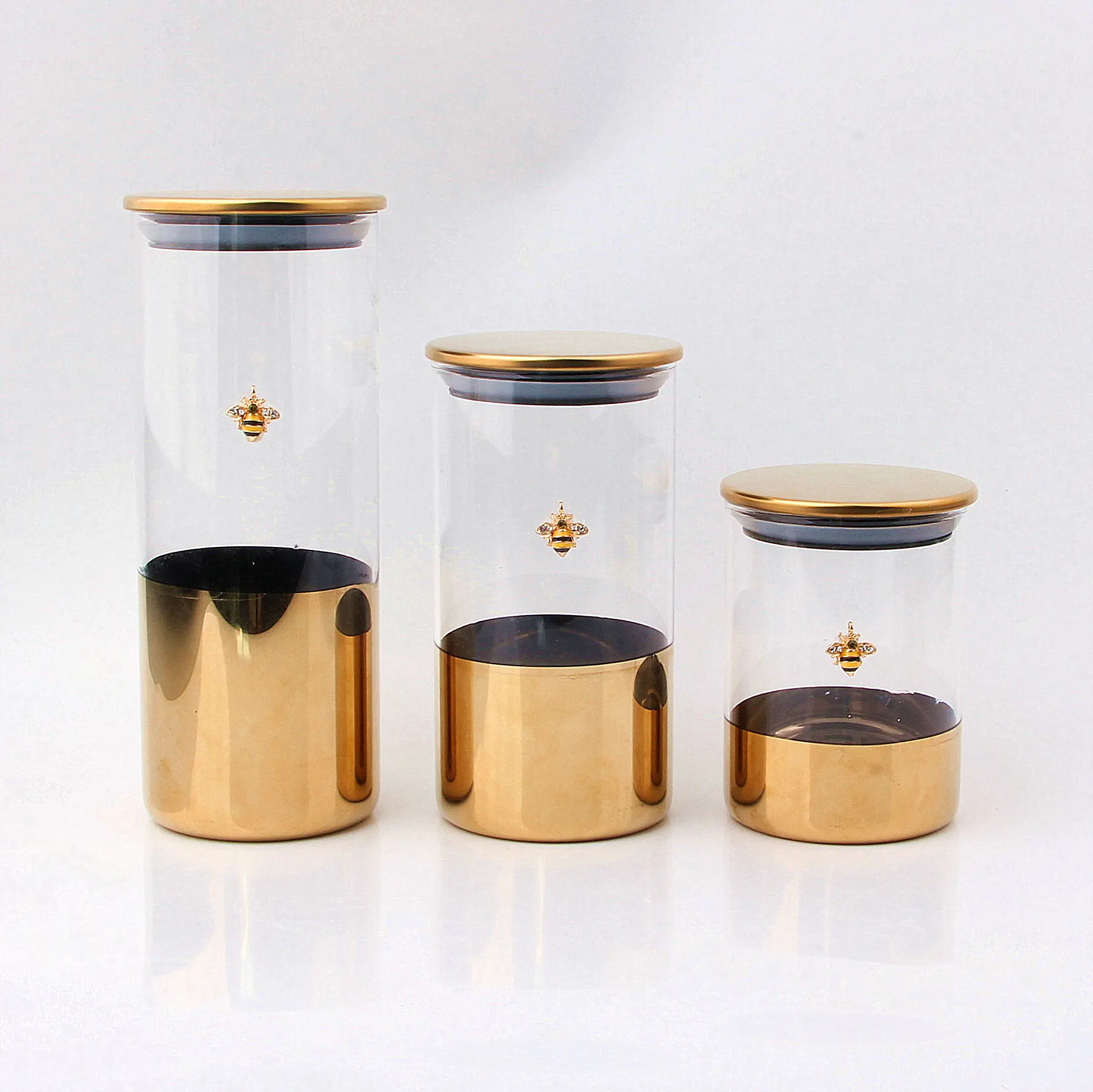 Atacado venda quente ouro alta borosilicato vidro armazenamento frascos com ouro metal tampa design de luxo para cozinha armazenamento decoração home