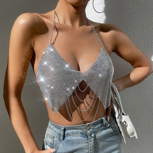 Womens Summer Sexy Beading Set Sleeveless Backless Rhinestones Tassel Halter Glitter Bra <strong>Sequined</strong> <strong>Crop</strong> <strong>Tops</strong> Tassel Skirt 0855 - Product Image 2