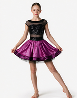 Robe de danse pour filles, noire, à sequins, avec manches courtes en maille, jupe en satin violet, costume de scène de ballet