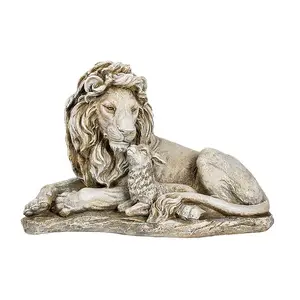 Resin Antique Grey Stone Finish Lion Garden Statue with Small Lamb