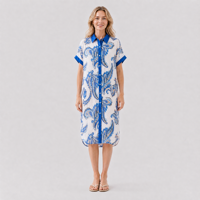 Robe chemise midi bleue à imprimé cachemire pour femme, manches courtes, col boutonné, vente en gros, marque privée, usine OEM ODM